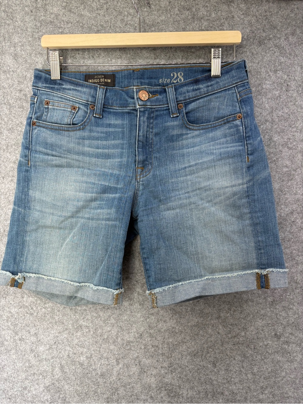 J. Crew Indigo denim Bermuda short size 28 medium wash raw hems
